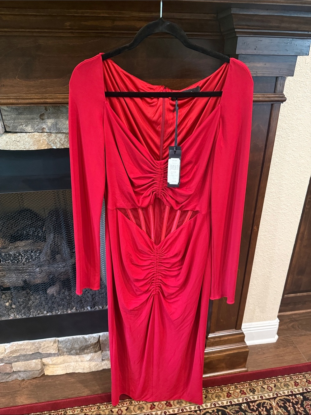 Versace Red Ruched Cutout Long Sleeve Dress